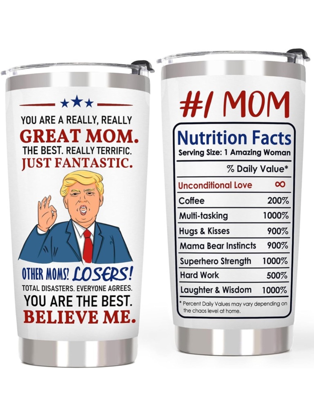 #1 Mom White Stainless Steel Tumbler with Patriotic Cartoon new